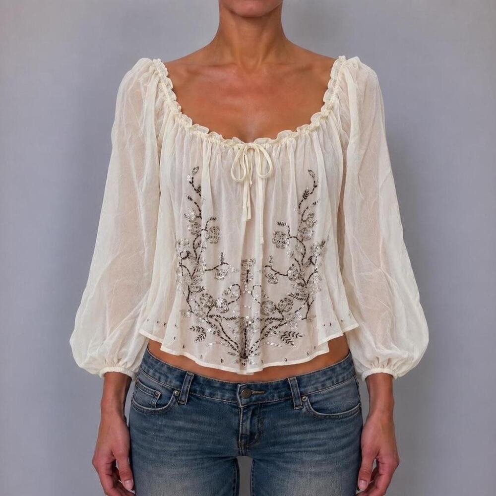 The Limited Y2K 100% Silk Ivory Embroidered Sequin Fairy Peasant Blouse Size M